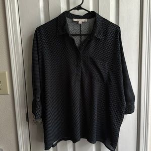 Black with blue polkadot, mid sleeve, half button up, Ann Taylor Loft, medium
